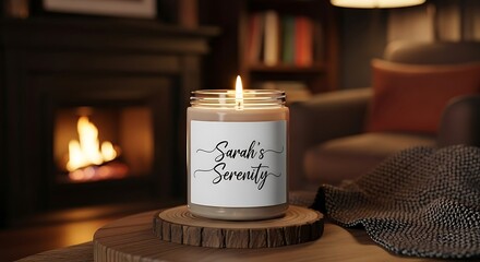 A lit candle with a personalized label sits near a cozy fireplace