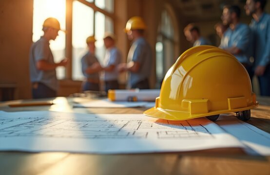 Yellow construction helmet on architectural blueprint table. Group of engineers discussing plans in background. Workplace with blueprints. Building project team collaboration. - Powered by Adobe