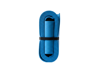Rolled up blue yoga mat secured with a black band.