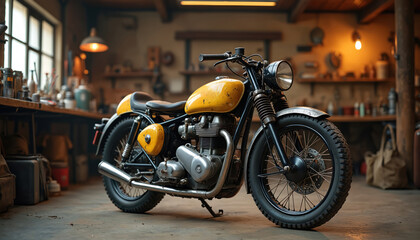 Obraz premium Yellow vintage motorcycle in rustic workshop garage. Old bike shows patina and classic style. Mechanic tools and parts are on shelves in background.