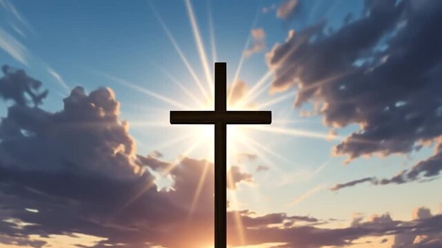 Inspiring Christian Faith Animation: Wooden Cross, Sky, Sun Rays, and Hopeful Loop