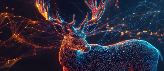 Digital golden reindeer. Technological Christmas design. Snowy background. Digital art style. Christmas technology concept. Advertising illustration. Copy space for product.