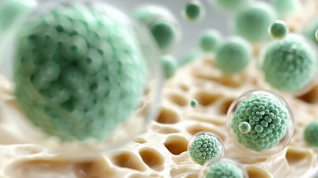 mint-green niacinamide microcapsules penetrating the stratum corneum lipid barrier, translucent skin cross-section