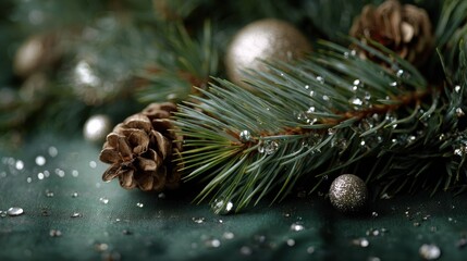 Festive christmas decoration with pine cones and ornaments holiday table setup cozy atmosphere close-up view