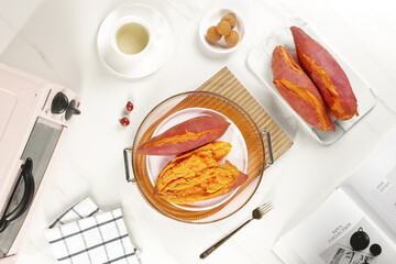 Shaanxi Sweet Potato Heart-Shaped Slices with Honey and Chestnuts on White Table Setting