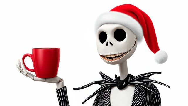 Animated skeleton character in festive Santa hat joyfully holding a red mug, showcasing a cheerful expression, with a gradual zoom in emphasizing the character's playful demeanor and holiday spirit