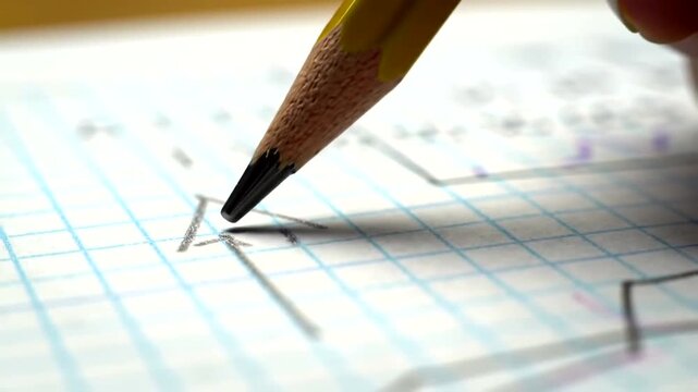 Close-up of a hand holding a pencil sketching on graph paper, with notes