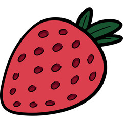 Vibrant Red Strawberry Fruit Illustration with Green Leaves and Dark Seeds Against a Transparent Background