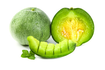 Fresh Emerald Shandong Honeydew Melon Sliced with Mint on White Background