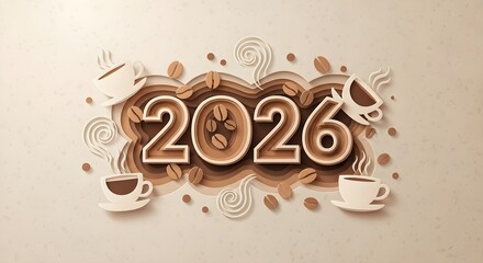 Festive 2026 New Year Coffee Theme in Layered Paper Cut Art Style