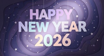 Fototapeta premium Happy New Year 2026 Celebration with Paper Cut Style Stars and Wavy Layers in Purple Tones