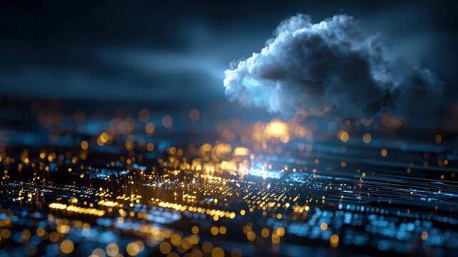 Exploring futuristic digital technology concepts with vivid lights and cloud formations over a virtual landscape
