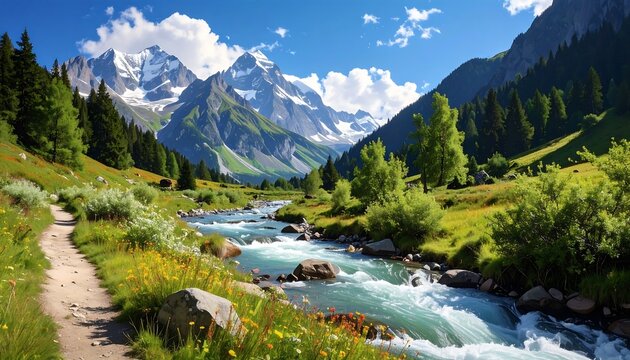 A scenic vista shows a mountain range with snow-capped peaks, a flowing river through a lush green valley, and a walking path