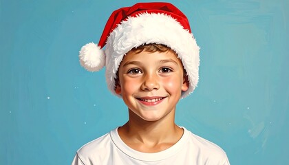 A joyful young boy, with brown hair and eyes, beams at the camera. He wears a Santa hat and white shirt against a blue backdrop