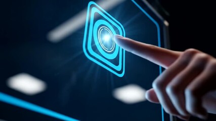 Close-up of a hand interacting with a futuristic touchscreen interface (1) - Powered by Adobe