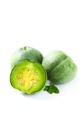 Fresh Emerald Green Melons from Shandong China Cut Half Showing Interior with Mint Leaf