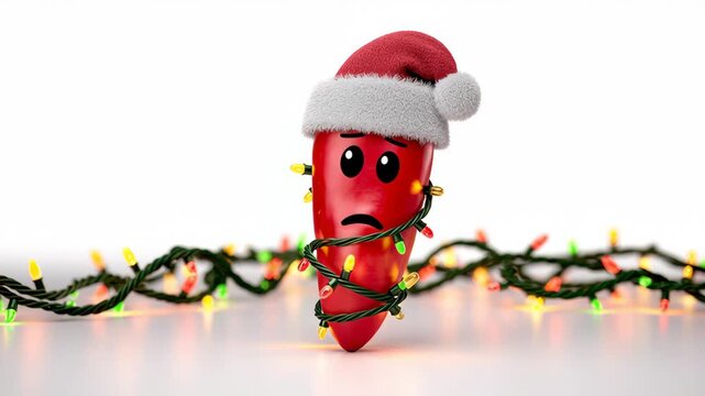 Animated red chili pepper character wearing a Santa hat, expressing sadness while entangled in colorful Christmas lights, showcasing a whimsical holiday scene with a playful emotional twist
