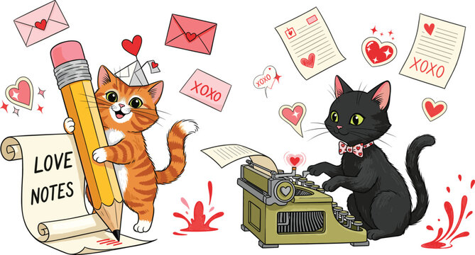 Cartoon cats writing love notes&mdash;orange tabby with pencil and scroll, black cat with typewriter, Valentine&rsquo;s Day affection theme