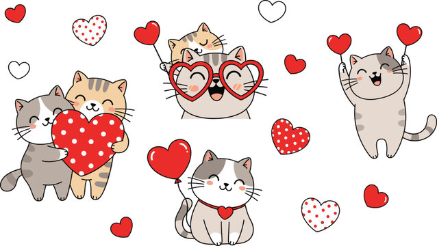 Cartoon cats with heart balloons and props—Valentine’s Day vector set of hugging, dancing, and playful feline expressions
