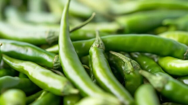 Fresh green chili pepper pile close up spicy ingredient food cooking natural vibrant healthy