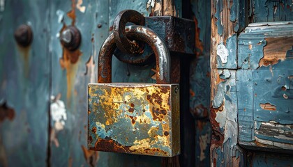 Close-up of a weathered, locked metal padlock on an aged, teal-painted wooden door, showcasing texture and rust details