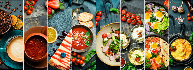 Food collage. Set of dishes and drinks for lunch or dinner.