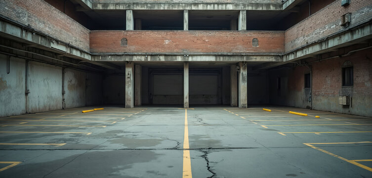 Fototapeta Photo of abandoned urban parking lot with concrete surfaces and brick walls. Yellow lines mark parking spaces. Scene conveys sense of desolation and decay. Empty garage offers bleak perspective.
