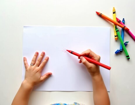 Small childs hands draw with red crayon on white paper. Many vibrant crayons scattered nearby. Kid learns art, expresses creativity. Activity develops fine motor skills, imagination, provides early