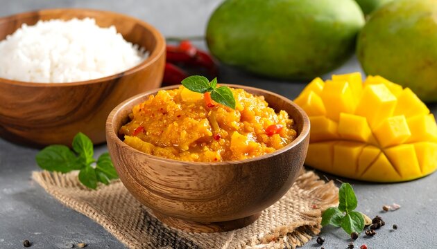 Aromatic chutney and rice, fresh mango and chili arranged