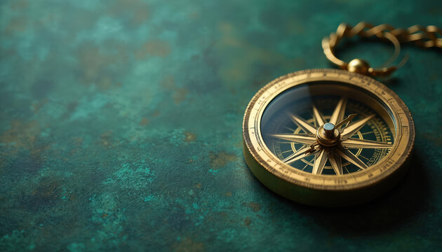 Close photo of antique golden compass on green textured background. The classic navigation tool suggests direction exploration travel journey. Design represents vintage style.