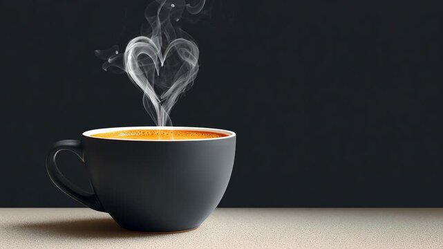 Steaming cup of coffee with heart-shaped steam rising, showcasing the warmth and comfort of a cozy beverage, camera gradually zooms in to emphasize the intricate steam patterns and rich color
