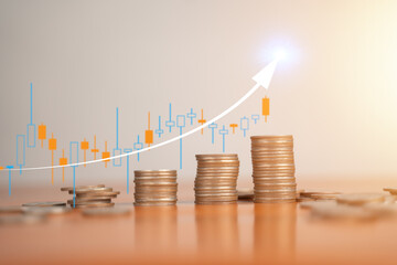 Coins are placed. Business model. Business success concept, wealth investing in stocks. Business is growing by leaps and bounds.	