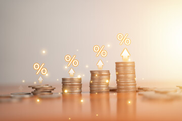 Coins are placed. Business model. Business success concept, wealth investing in stocks. Business is growing by leaps and bounds.	