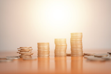 Coins are placed. Business model. Business success concept, wealth investing in stocks. Business is growing by leaps and bounds.	