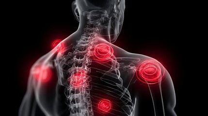 Medical Illustration of Human Back and Shoulder with Highlighted Pain Points in Red