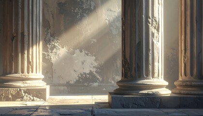 Ancient temple ruins with sunbeams illuminating classical columns