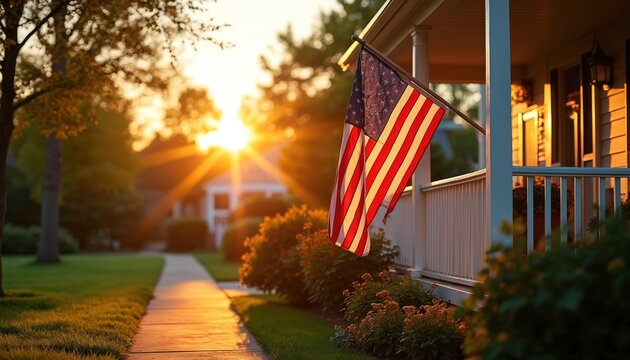 American flag waves on a porch at sunset. A pathway leads through a green lawn and bushes to a house in a quiet suburban neighborhood. Warm sunlight bathes the scene.