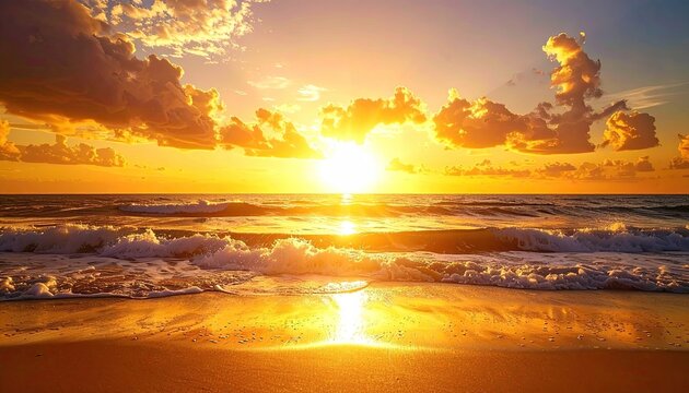 Golden Sunset Over The Ocean With Crashing Waves Reflecting The Warm Light On The Sandy Shoreline
