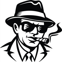 Confident man wearing a fedora and sunglasses smokes a cigar, showing a smiling face