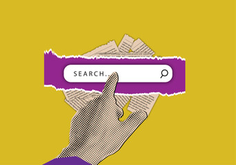 Halftone hand pointing to search bar,torn newspaper pieces