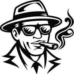 Confident man wearing a fedora and sunglasses smokes a cigar in black and white