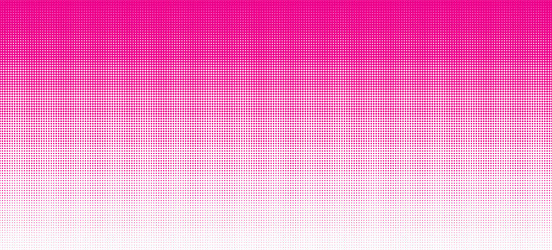 Pink pattern background. Magenta dotted halftone gradient border. Pink screen print halftone sky gradation. Vector horizontal geometric backdrop. CMYK effect seamless pattern. Abstract screentone bg