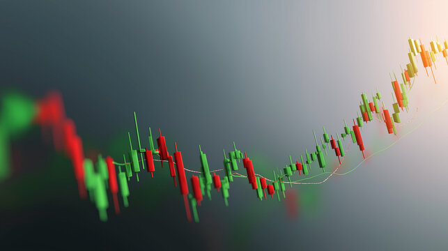 Ascending Financial Insights: A dynamic chart illustrating the ebbs and flows of the stock market, painted with vibrant green and red candlesticks, symbolizing the constant shift of financial trends.