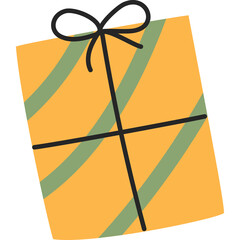 Yellow gift box with green stripes and black ribbon bow simple illustration isolated on white background with no shadows and no gradient clean design graphic element