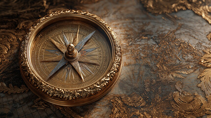 Obraz premium Golden Compass: A detailed golden compass rests upon a detailed golden surface. This image invites exploration, adventure, and the pursuit of direction.
