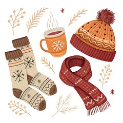 Cozy Winter Elements | Socks, Coffee Mug, Hat & Scarf Illustration Set