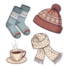 Cozy Winter Elements | Socks, Coffee Mug, Hat & Scarf Illustration Set