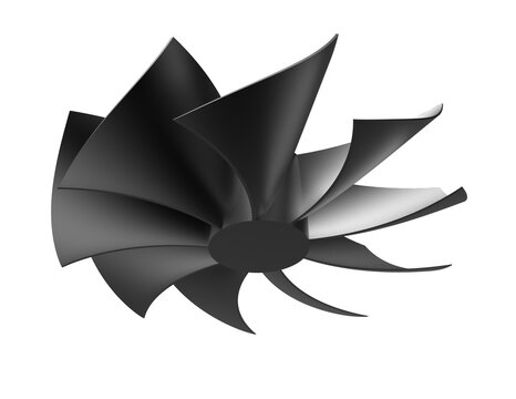 Cutting Edge Black Multi-Bladed Axial Flow Fan 3D Illustration. Detailed Mechanical Component Rendering for Turbocharger and EV Cooling Systems. Technical Engineering Design Isolated on Clean PNG Tran