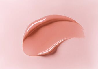 Tea rose color lip gloss swatch on pastel background. Close-up of liquid lipstick, glossy texture, horizontal flatlay. Professional studio light