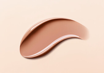 Brown lip gloss swatch on pastel background. Close-up of liquid lipstick, glossy texture, horizontal flatlay. Professional studio light